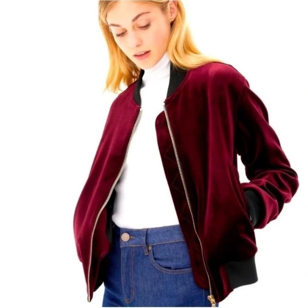 SANDRO Paris Ventura Maroon Velvet Bomber Jacket